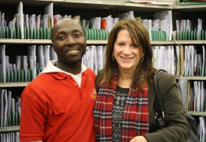 Lynne Featherstone MP and a local Postman in Wood Green Delivery Office